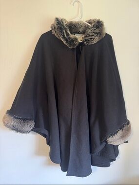 Faux Fur Trim Black Cape Coat